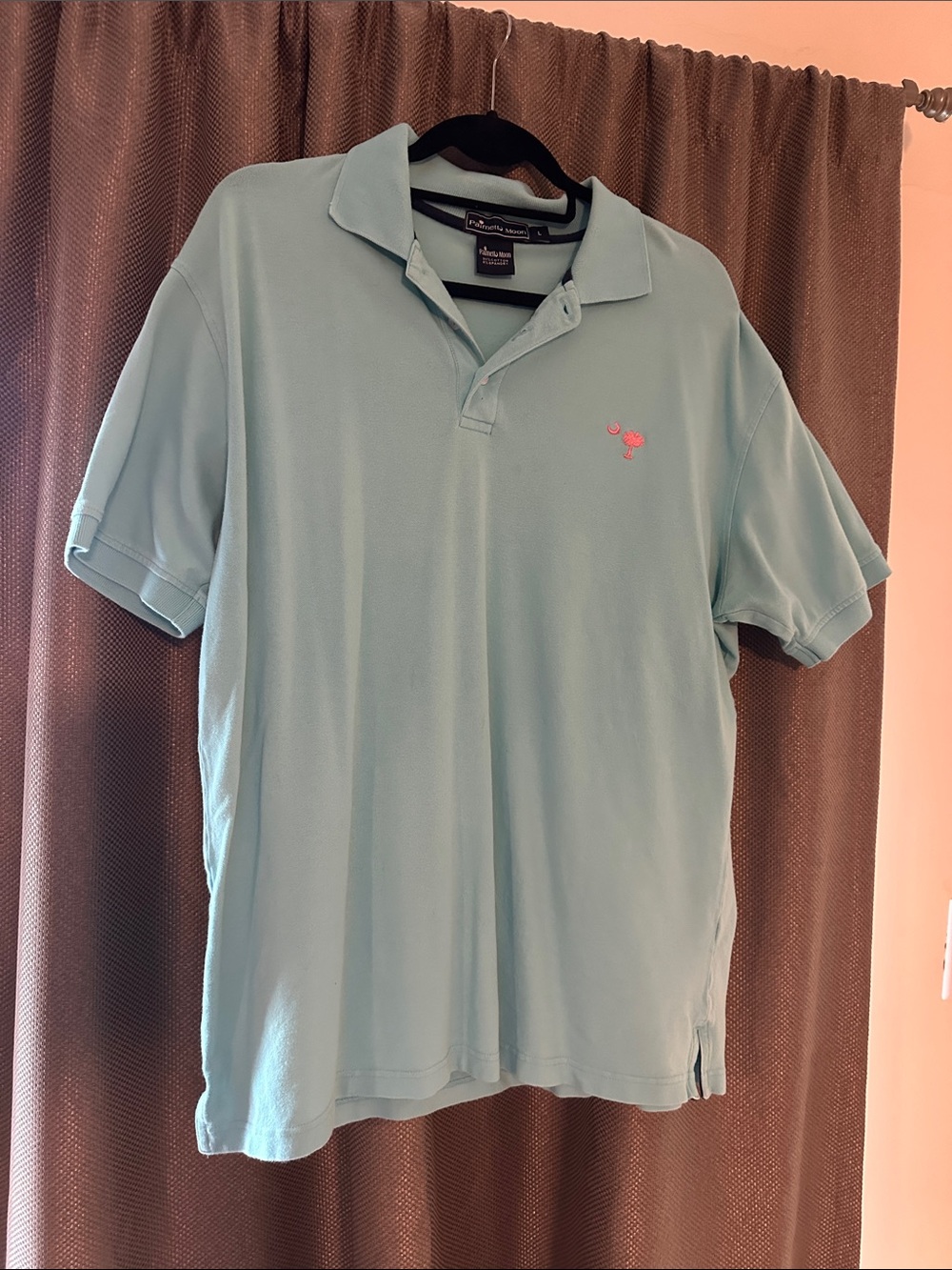 Palmetto moon Men's Light Aqua Polo Shirt with Pink Embroidered Accent